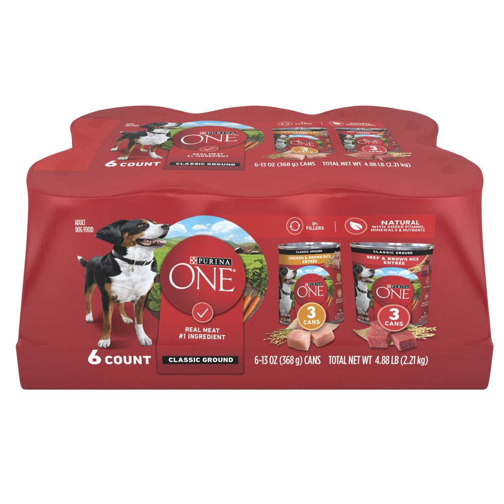 (6 Pack) Purina ONE Natural Wet Dog Food Variety Pack, Chicken and Brown Rice and Beef and Brown Rice Entrees, 13 Oz. Cans
