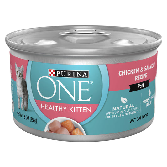 Purina ONE Grain Free, Natural Pate Wet Kitten Food, Healthy Kitten Chicken & Salmon Recipe, 3 oz. Pull-Top Can
