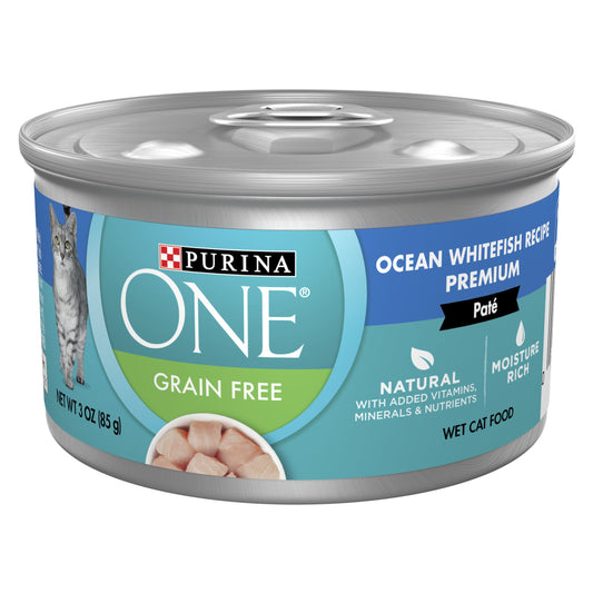 Purina ONE Natural, High Protein, Grain Free Wet Cat Food Pate, Ocean Whitefish Recipe, 3 oz. Pull-Top Can